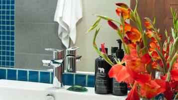 A bathroom sink with a modern faucet, a glass soap dish, and two bottles of Ceylon Spa body lotion.