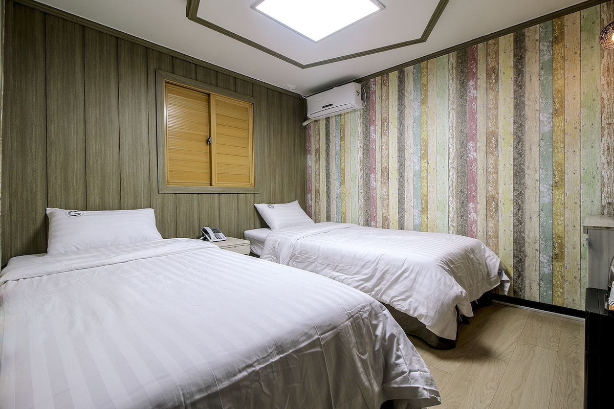 Chambre avec lits jumeaux | Système d’insonorisation, accès au Wi-Fi (inclus), literie fournie