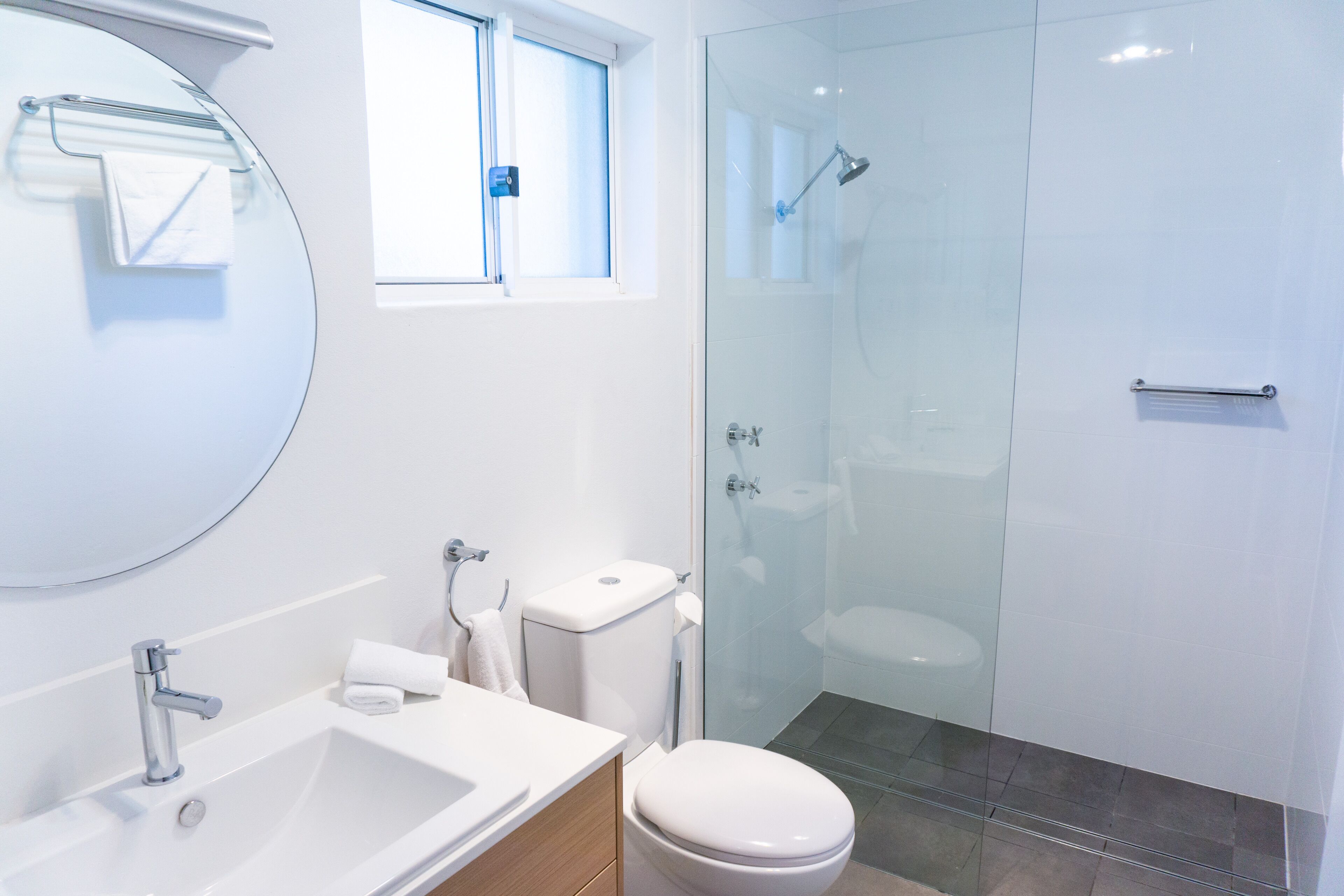 Une salle de bain moderne avec une douche à parois de verre, un lavabo blanc et des toilettes.