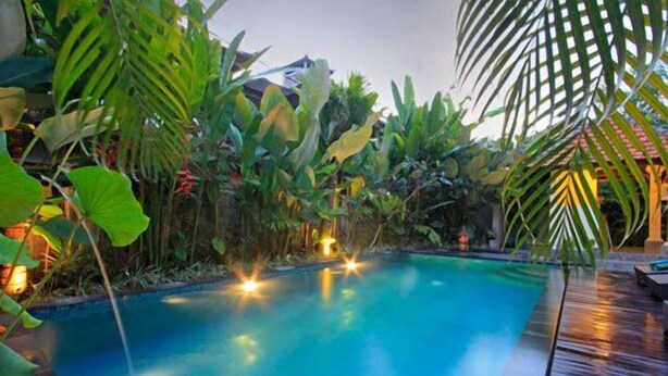 A swimming pool surrounded by lush tropical plants and a wooden deck. - Tanah Semujan Ubud (Ubud)