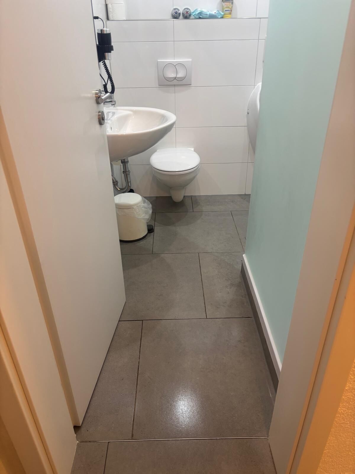 Un baño pequeño y limpio con un lavabo blanco, inodoro y un cubo de basura.