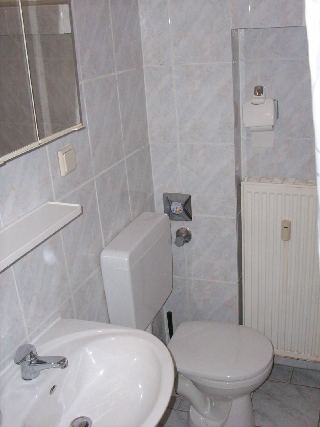 A bathroom with a white sink, toilet, and a mirror.
