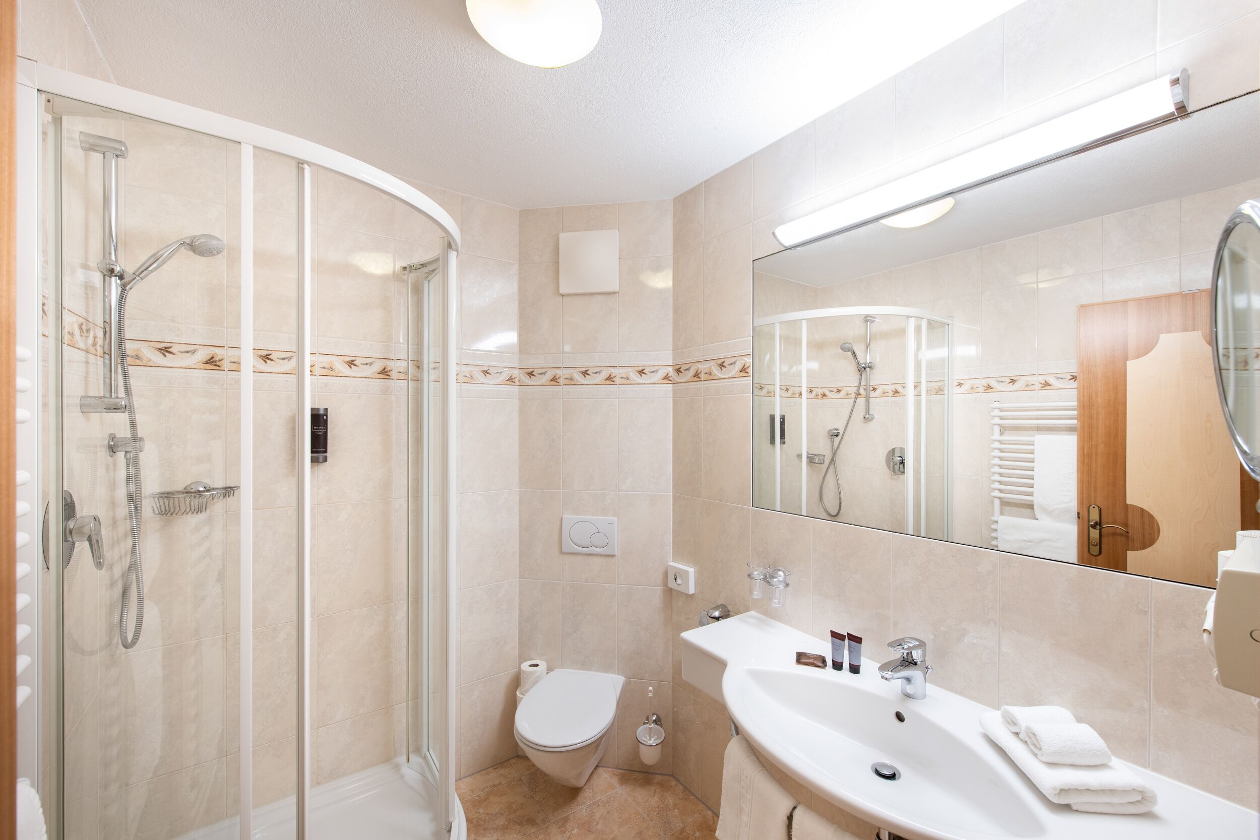 A modern bathroom with a glass shower enclosure, a toilet, and a sink with a mirror.