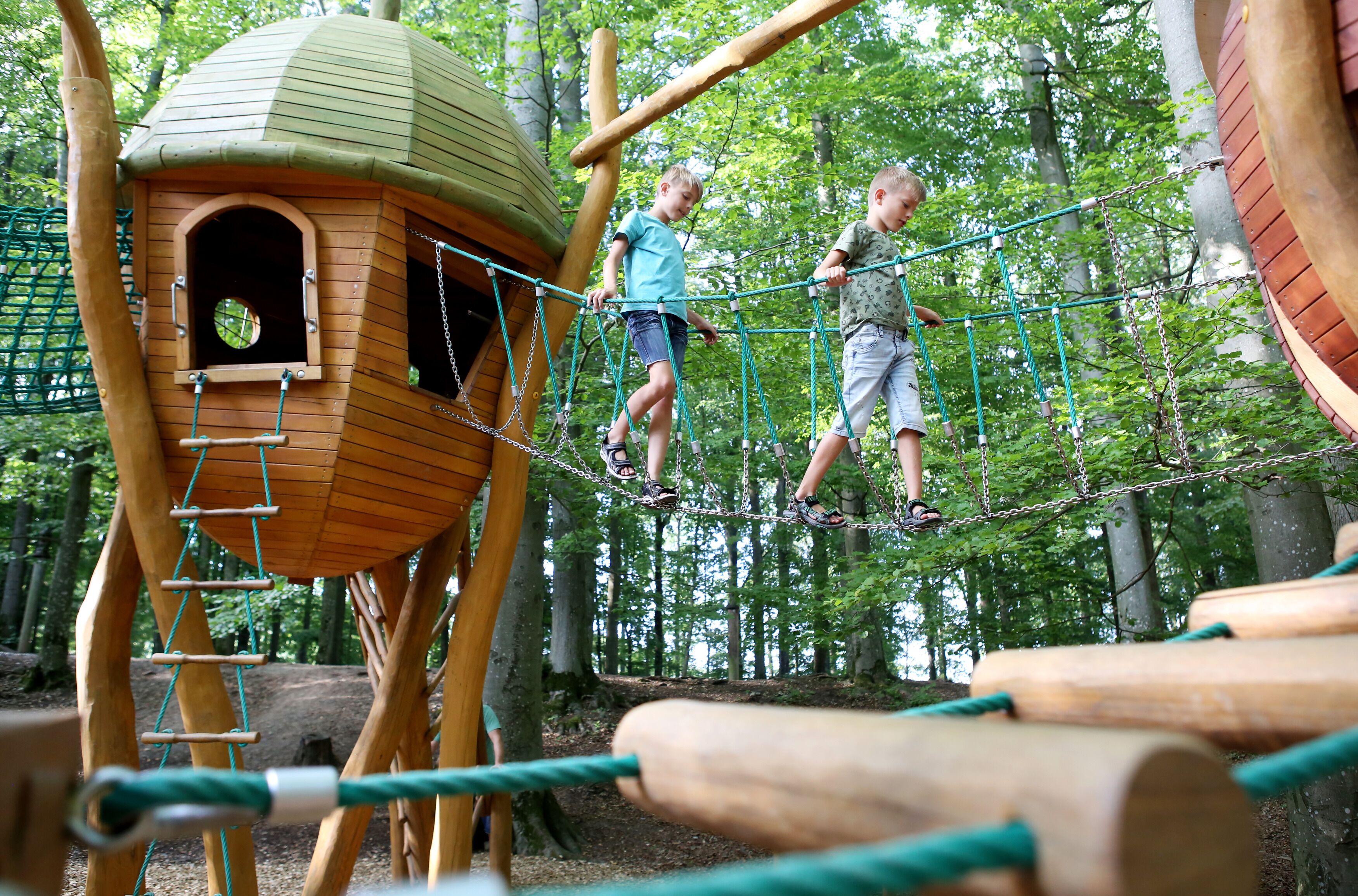 A wooden play structure with a rope bridge and a birdhouse.