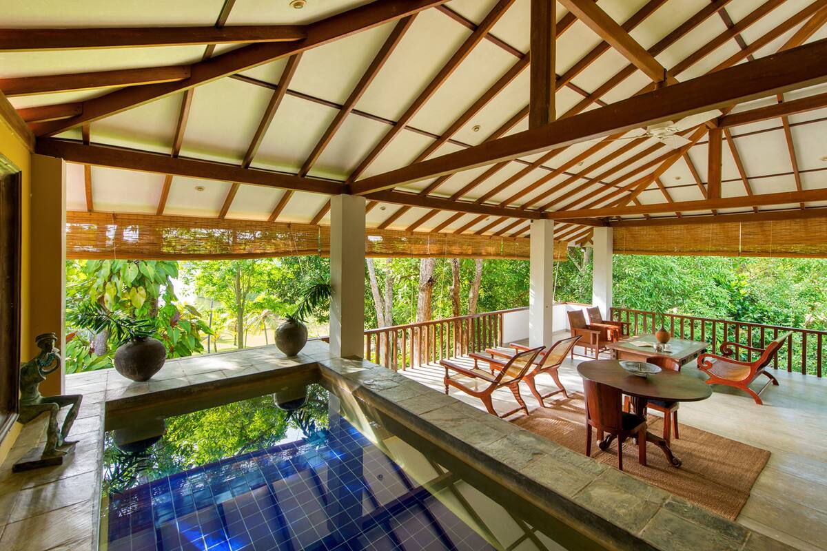 Piscina interior con techo de madera y vistas a abundante vegetación.