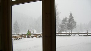 Vista a través de una ventana de un paisaje nevado con una valla de madera y el suelo cubierto de nieve.