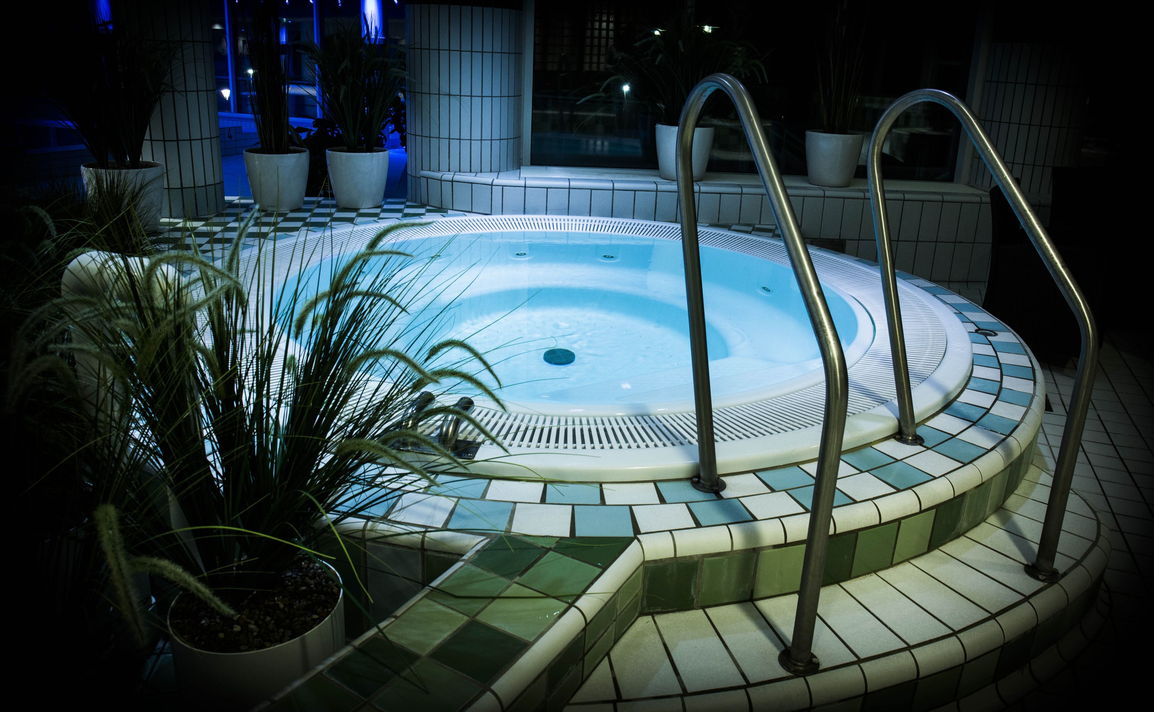 A hot tub with a tiled edge and metal railings, surrounded by potted plants.