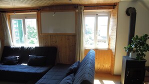 A cozy room with a dark-colored sofa, a small cabinet, and a potted plant. -  Hostel Bregenz  (Bregenz)