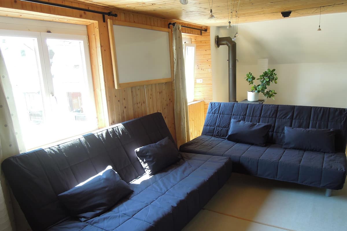 A room with a dark blue sofa, a whiteboard, wooden walls, and a potted plant.