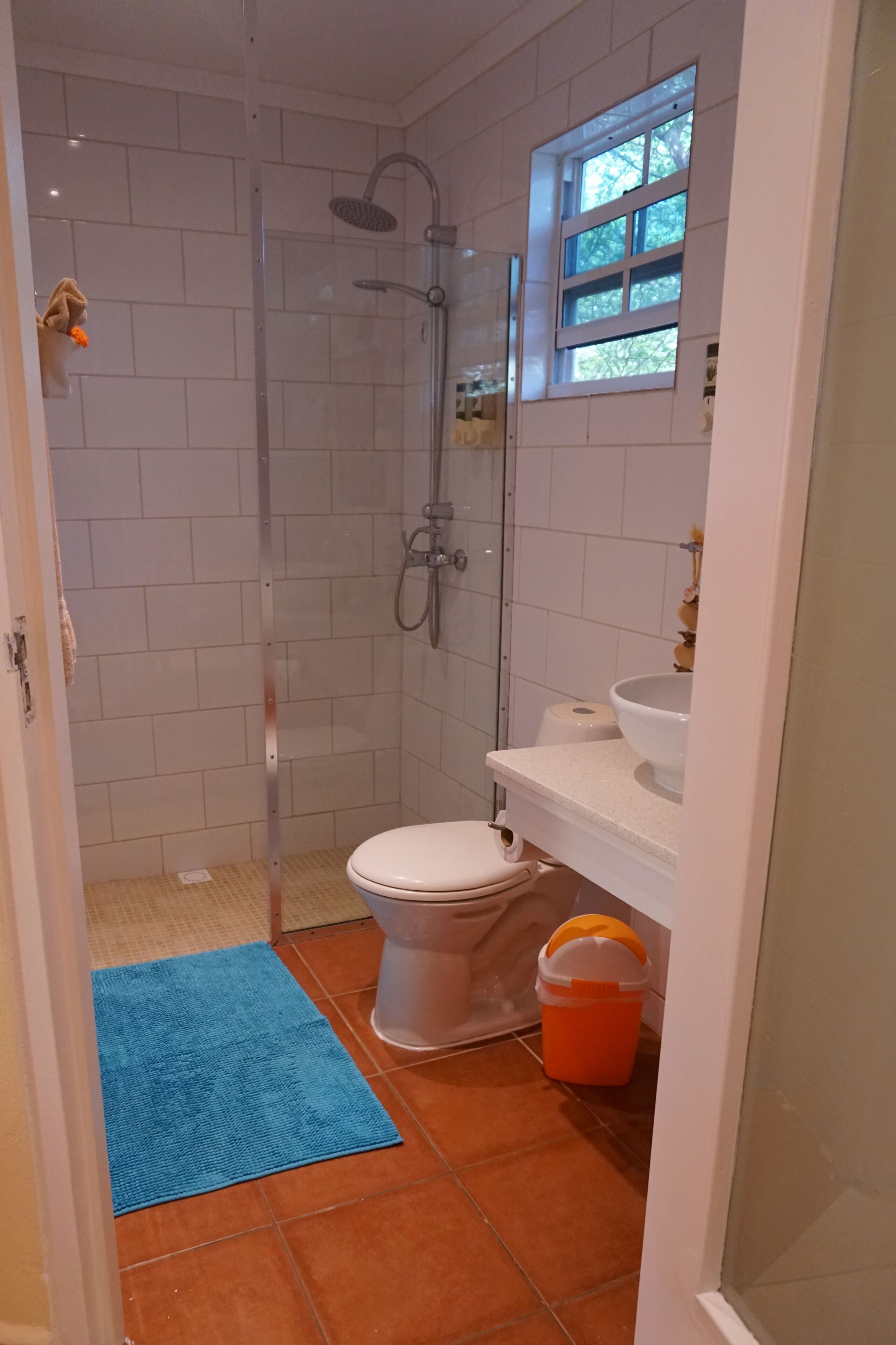 A bathroom with a glass-enclosed shower, a toilet, a sink, and a window.