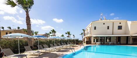 Seasonal outdoor pool, pool umbrellas, pool loungers