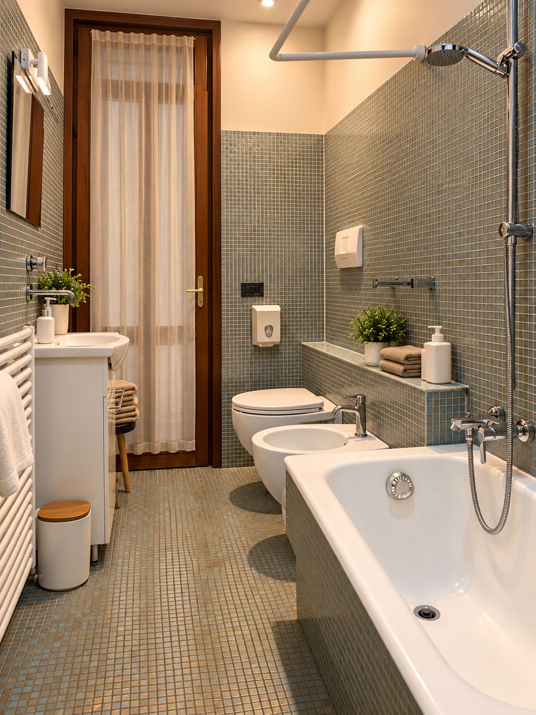 Ein Badezimmer mit einer großen Badewanne, einer Toilette, einem Waschbecken und einer Duschkabine.
