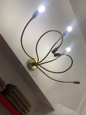 A ceiling light fixture with multiple bulbs and flexible cords.