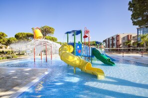 A water park with slides and water features.
