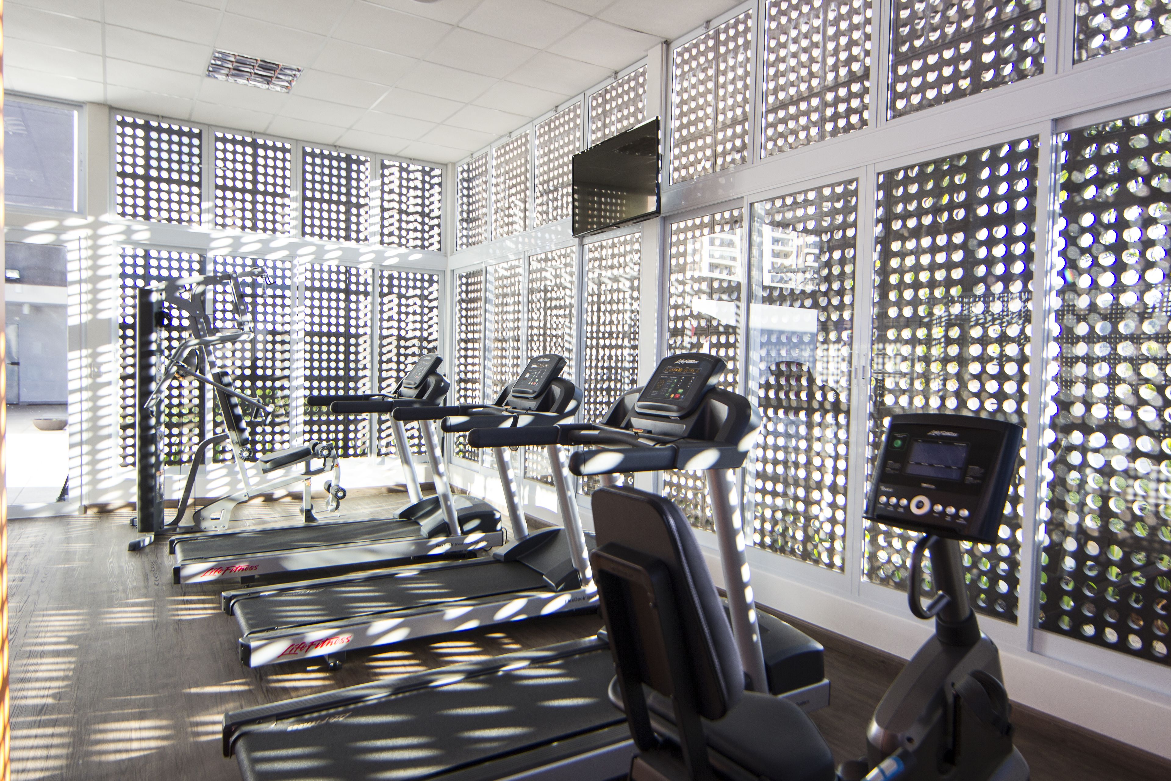 A gym with treadmills, elliptical machines, and a stationary bike, with large windows and a patterned wall.