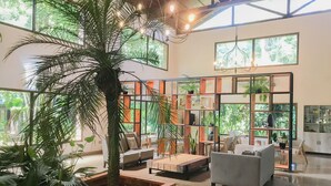 A spacious living area with a large wooden planter, a sofa, a coffee table, and a bookshelf. - Village Cataratas (Puerto Iguazú)