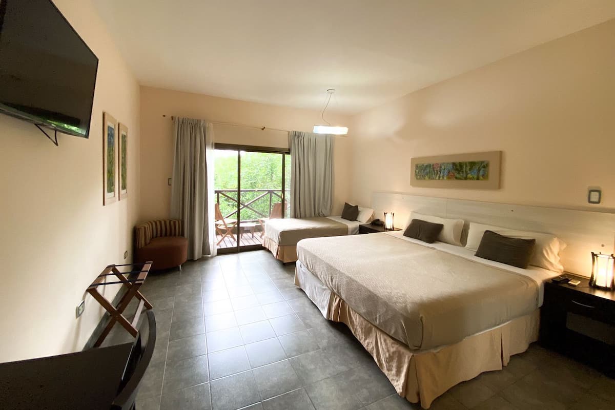 A hotel room with two beds, a TV, a balcony, and a painting on the wall.