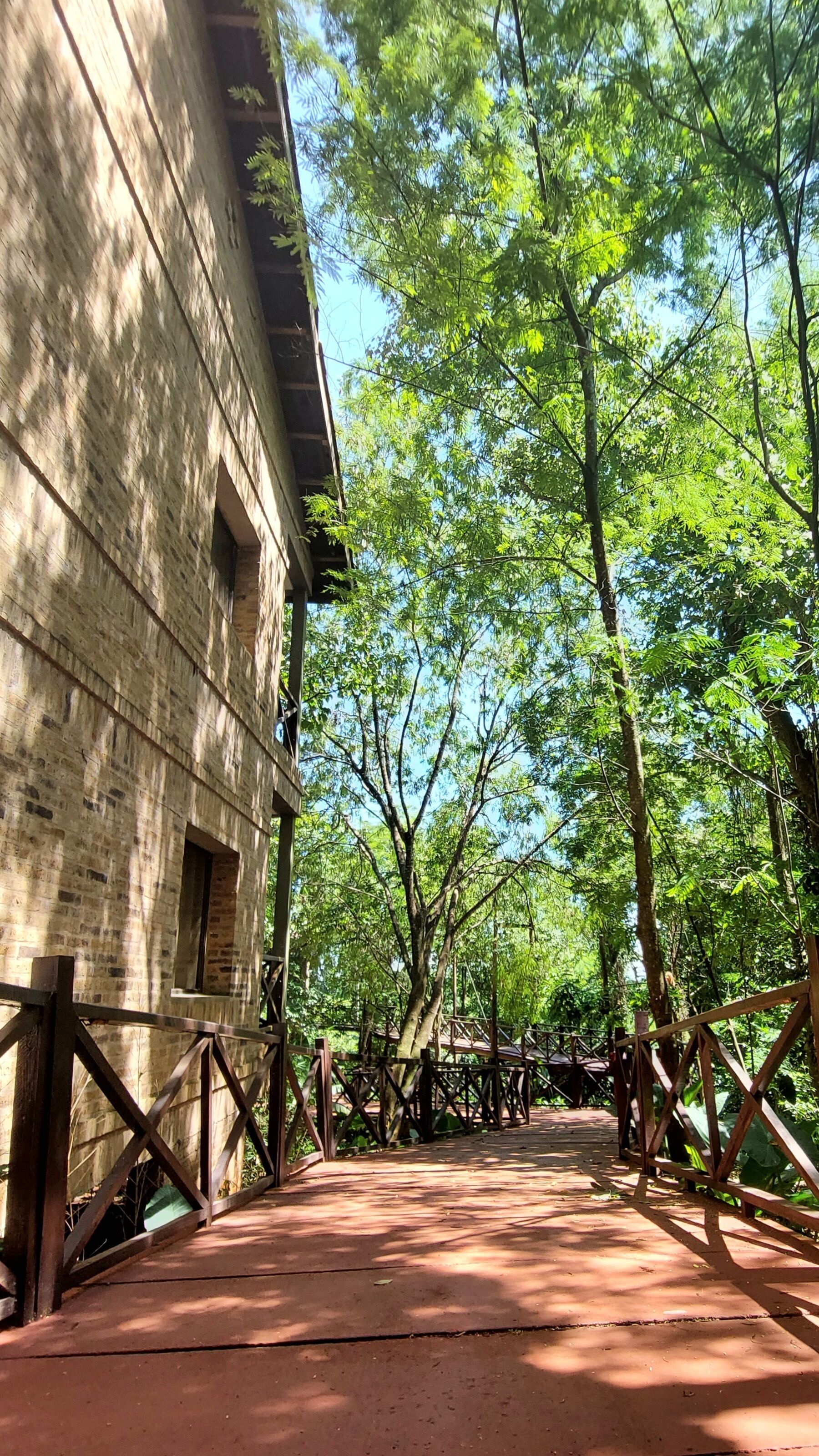 A wooden bridge leading to a brick building surrounded by lush green trees.