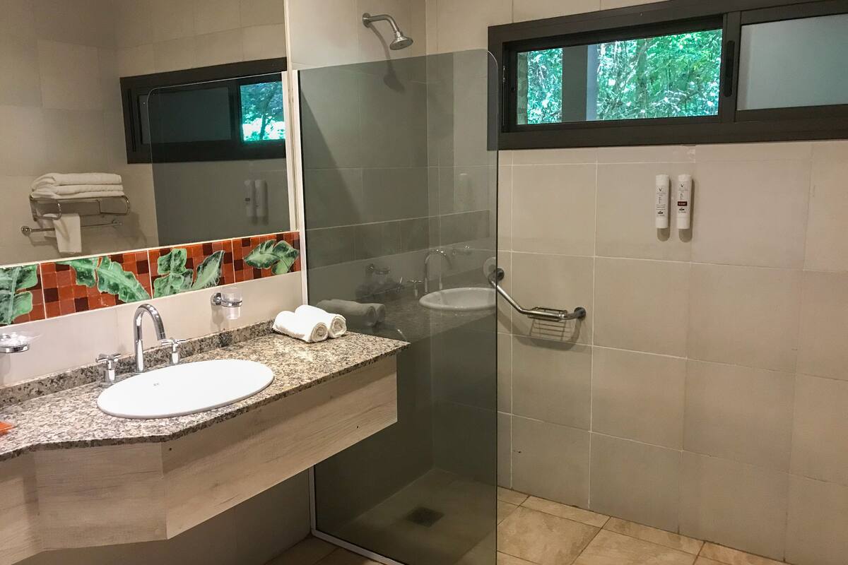 combined shower/bathtub, eco-friendly toiletries, hair dryer, bidet