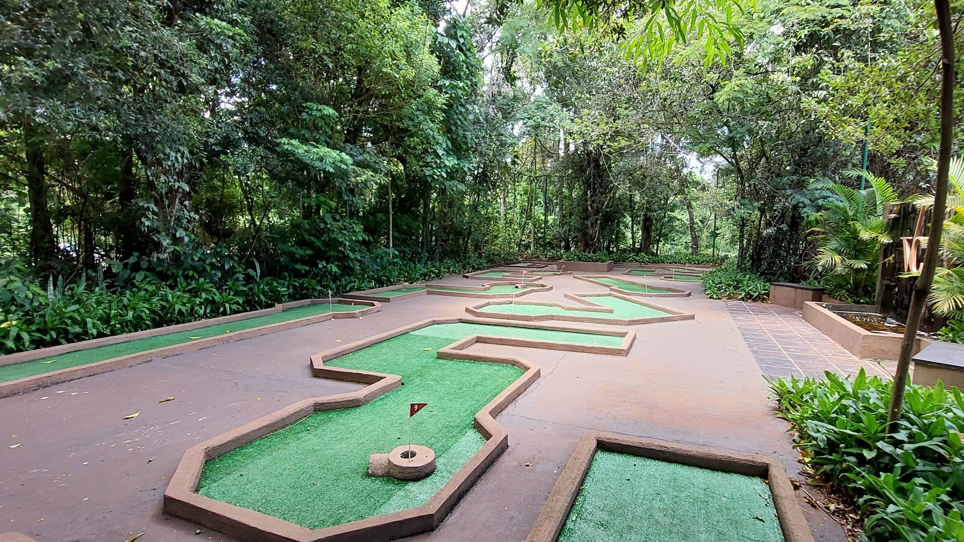 A miniature golf course with green artificial turf and numbered holes, surrounded by dense foliage.