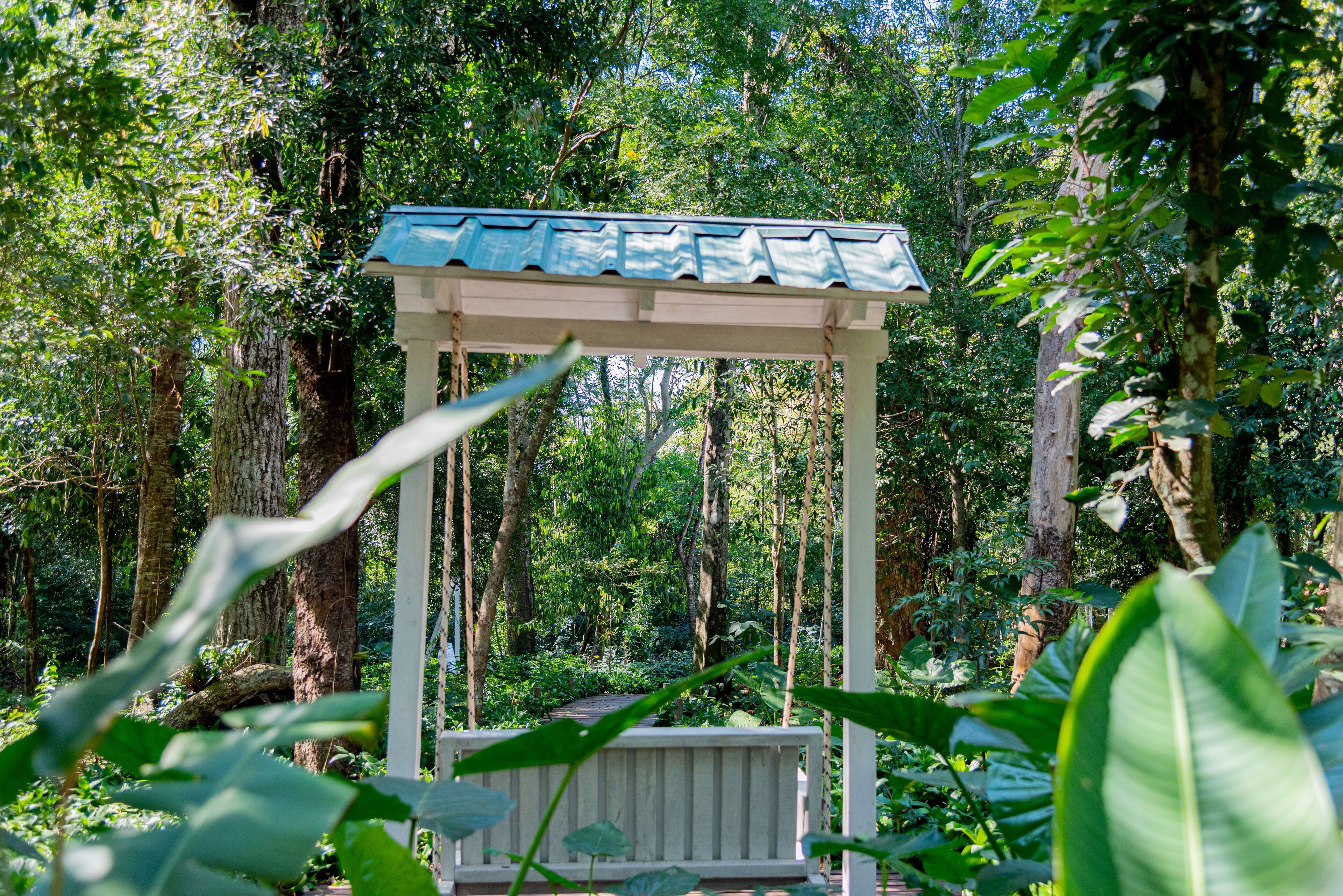 A gazebo with a white structure and blue roof surrounded by dense greenery.