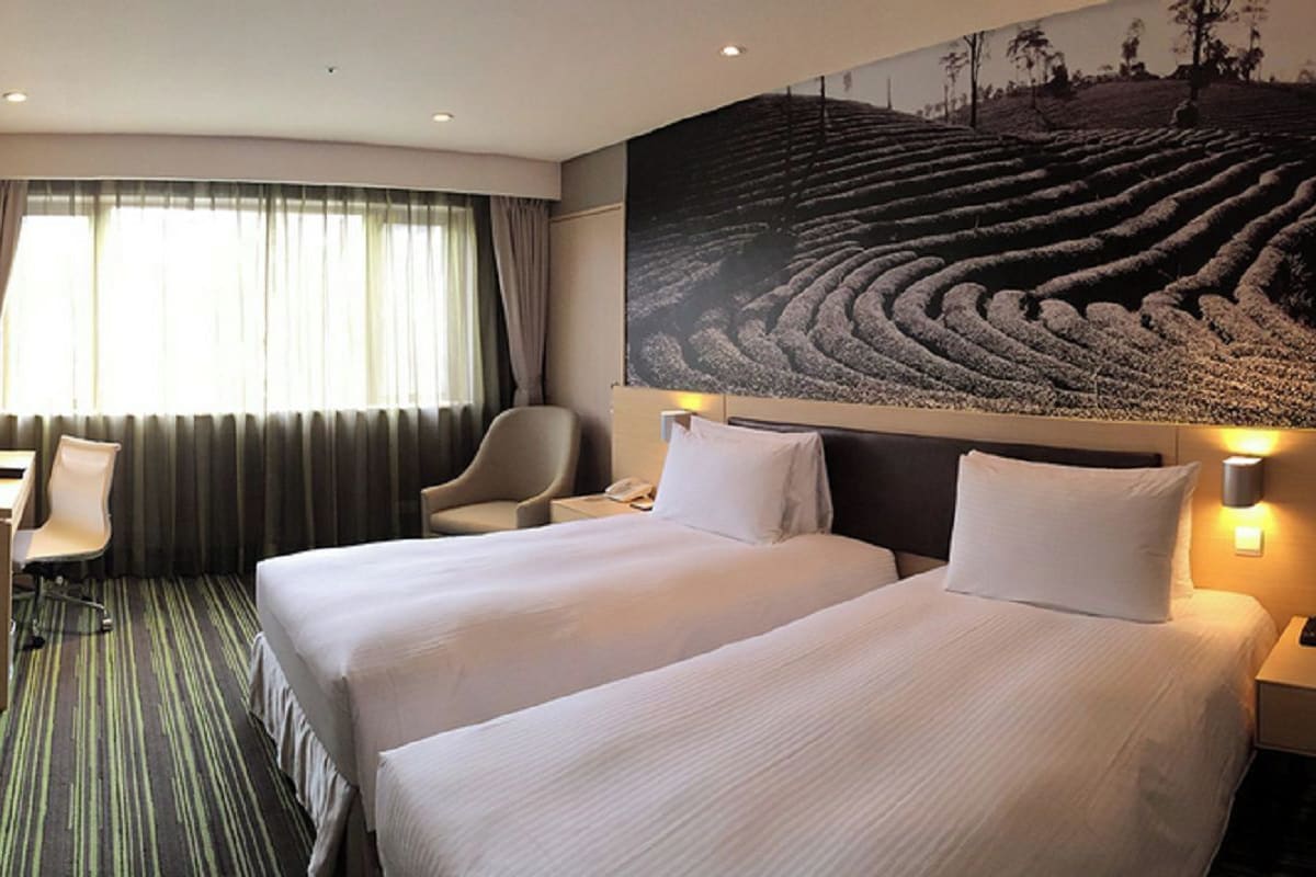 Habitación de hotel con dos camas, un escritorio, una silla, un ventanal grande con cortinas y un cuadro colgado en la pared.