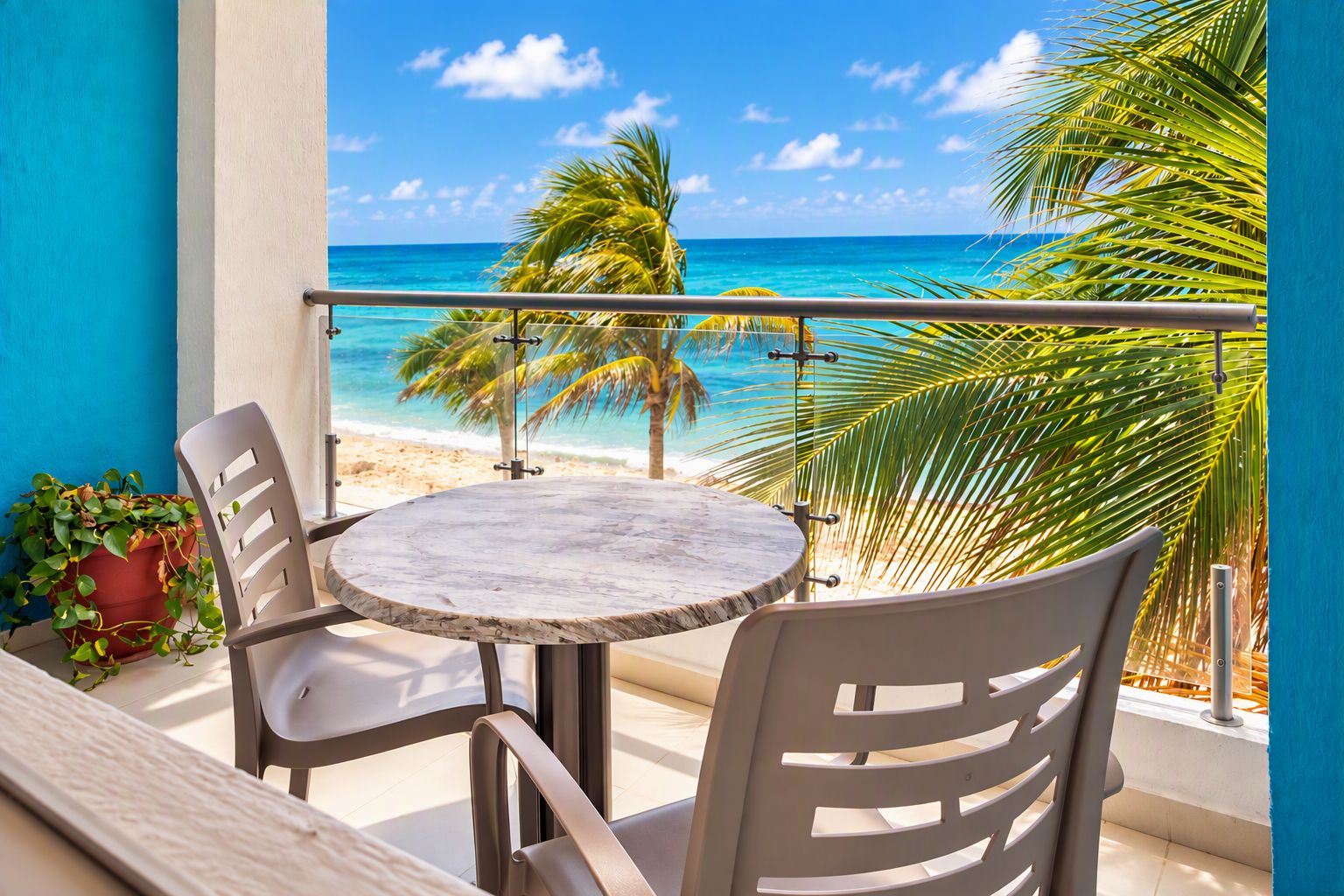 A balcony with a round table and two chairs, overlooking a beach with palm trees and the ocean.