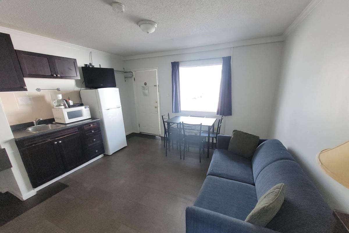 A compact living space with a kitchenette, a dining area, and a sofa.
