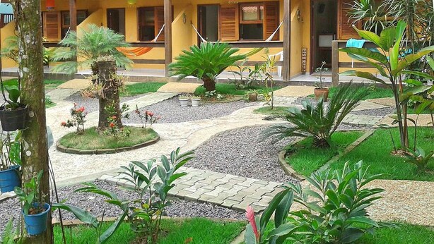 Un jardí ben cuidat amb plantes diverses i un camí empedrat.