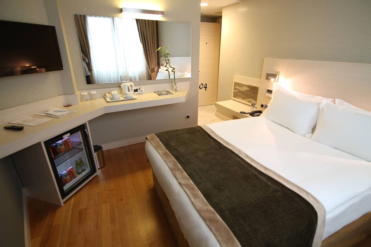 Une chambre d’hôtel avec un lit, un petit réfrigérateur, une télévision et un miroir.