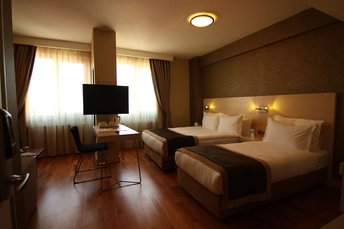 Une chambre d’hôtel avec deux lits, un bureau, une chaise, une télévision et une fenêtre avec des rideaux.