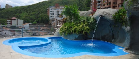 Indoor pool, outdoor pool, pool loungers