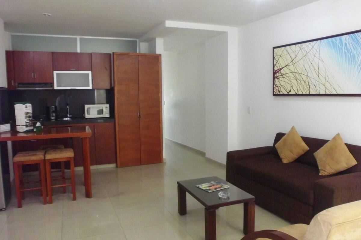 Un espacio habitable compacto con kitchenette, un sofá y una mesita de centro.