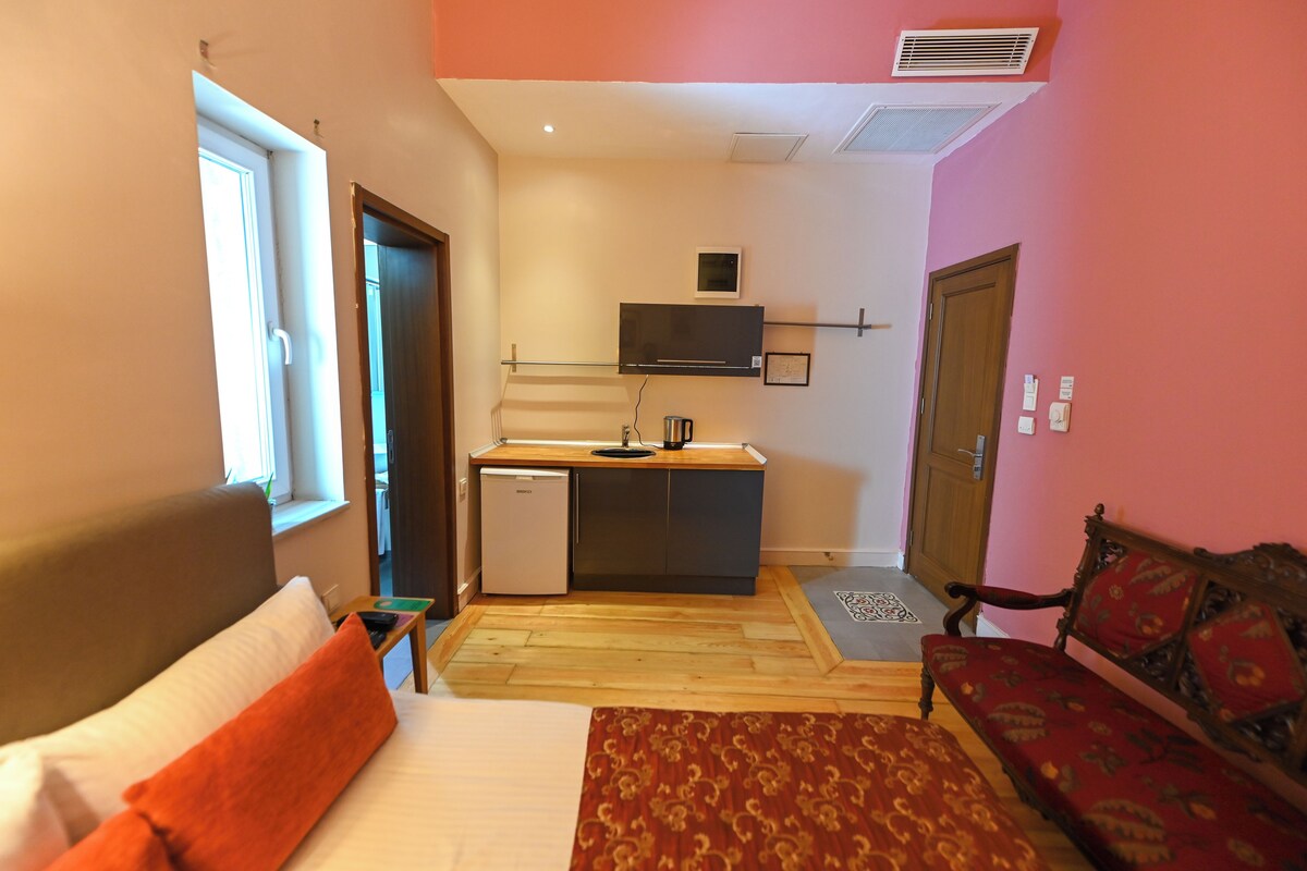 Quarto de hotel pequeno e funcional, com uma cama, uma kitchenette, uma televisão e chão de madeira.