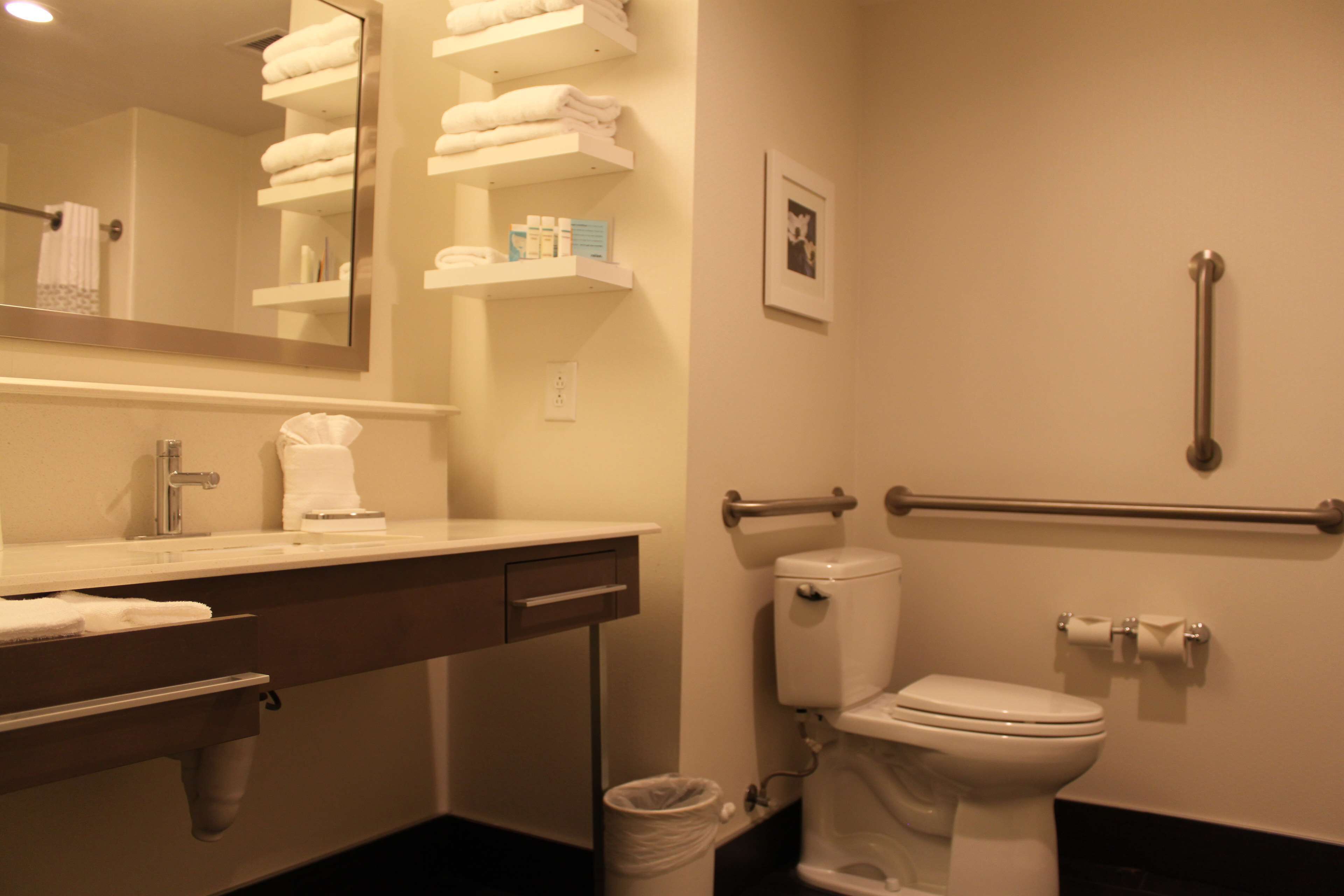 A bathroom with a sink, mirror, towel rack, toilet, and handrails.