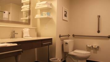A bathroom with a sink, mirror, towel rack, toilet, and handrails.