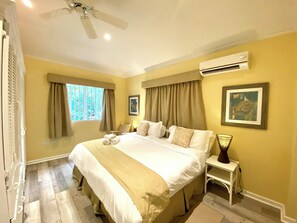 A hotel room with a large bed, a ceiling fan, an air conditioner, a bedside table with a lamp, and a framed picture on the wall.