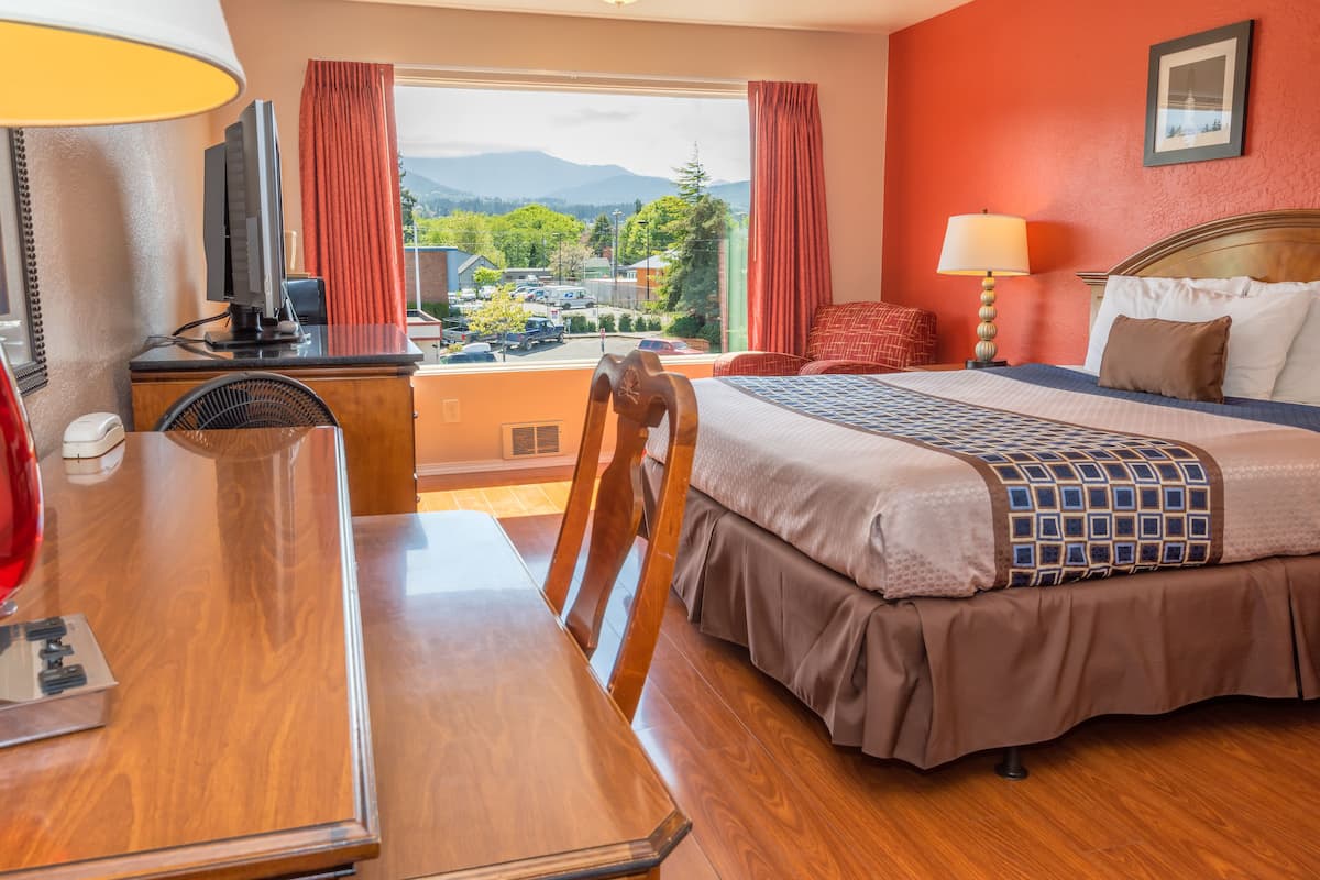 A hotel room with a bed, a desk, a chair, a TV, and a window with a view of mountains and a parking lot.
