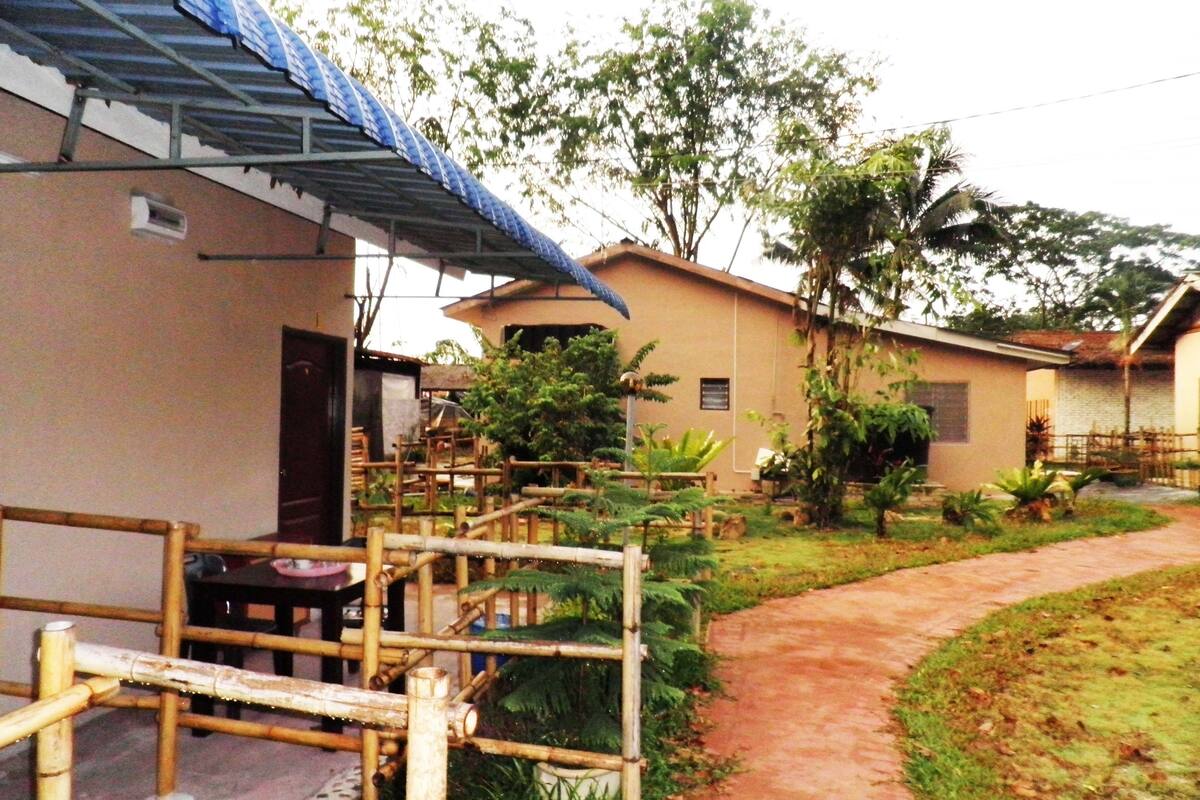 Una zona residencial con un sendero de tierra, construcciones de bambú y casas con techos metálicos.