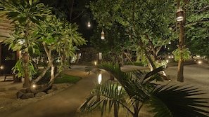A nighttime garden with pathways, trees, and hanging lights. - Pearl of Trawangan (Gili Trawangan)