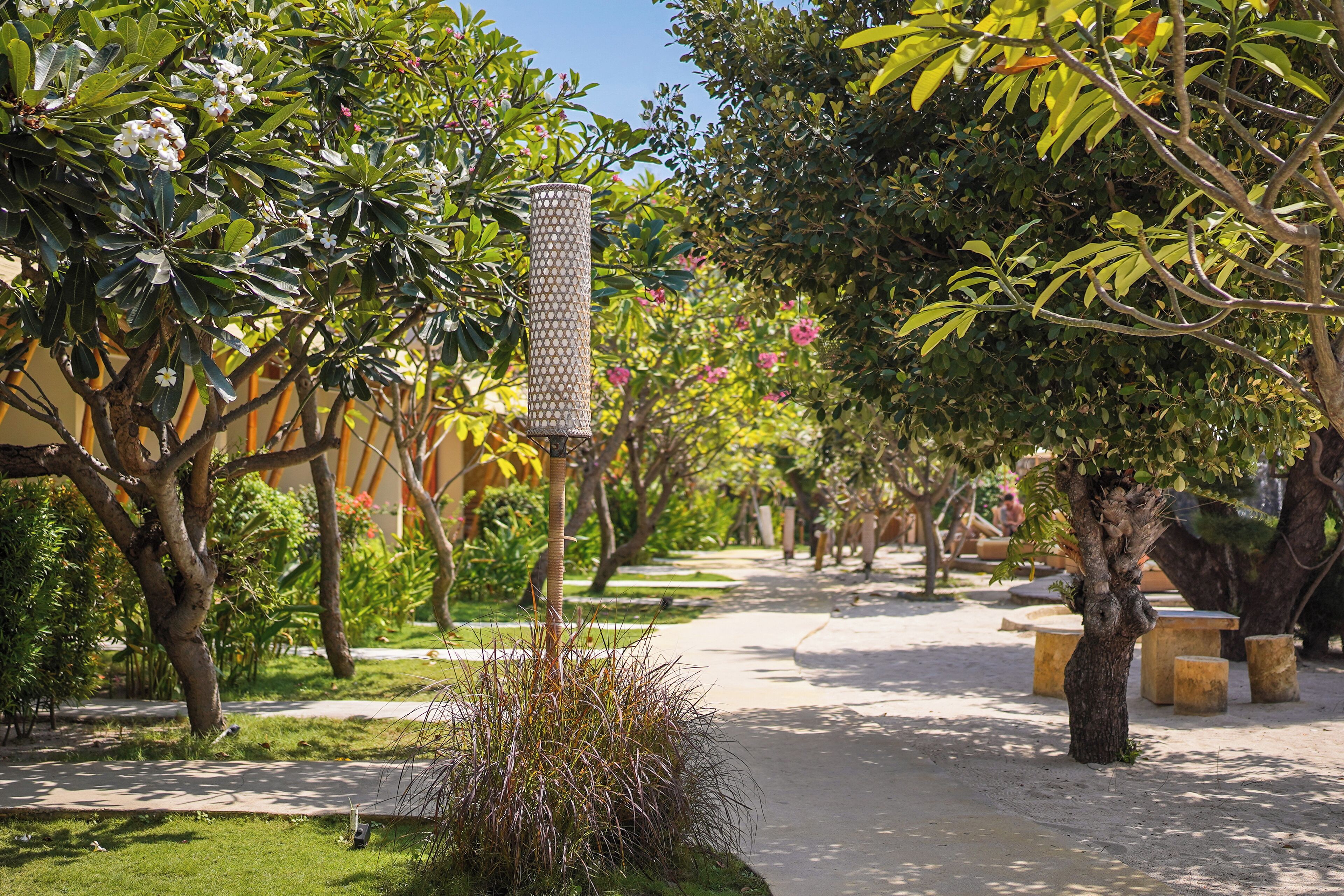 A pathway lined with trees and a decorative column.