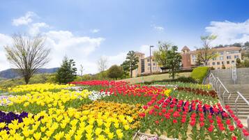 A flower garden with various colors of tulips and other flowers, a building with a tower, and a staircase leading up to the building.