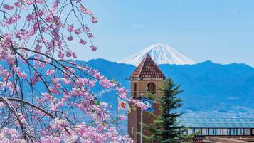 Une vue du mont Fuji, avec des cerisiers en fleurs au premier plan et un bâtiment doté d’un clocher en arrière-plan.