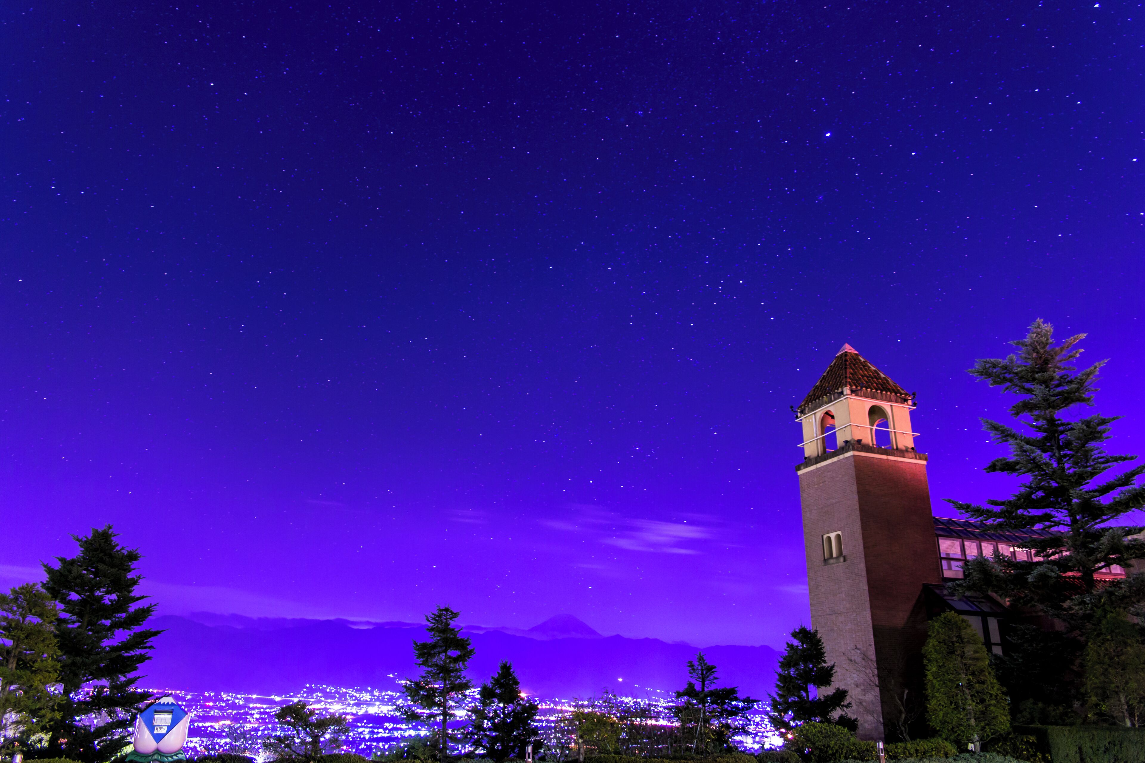 Vista nocturna de una torre con un reloj, rodeada de árboles y un paisaje urbano al fondo.