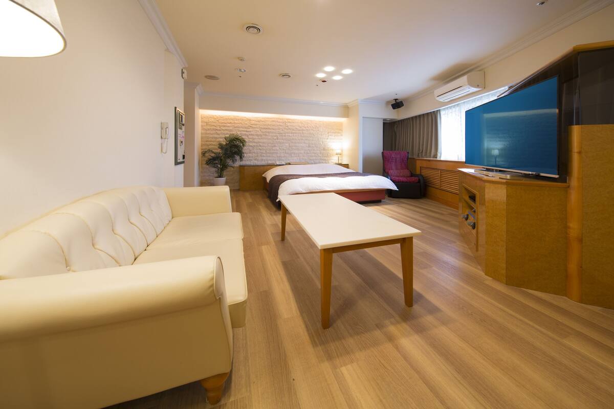 A modern hotel room with a bed, a sofa, a TV, and a desk.