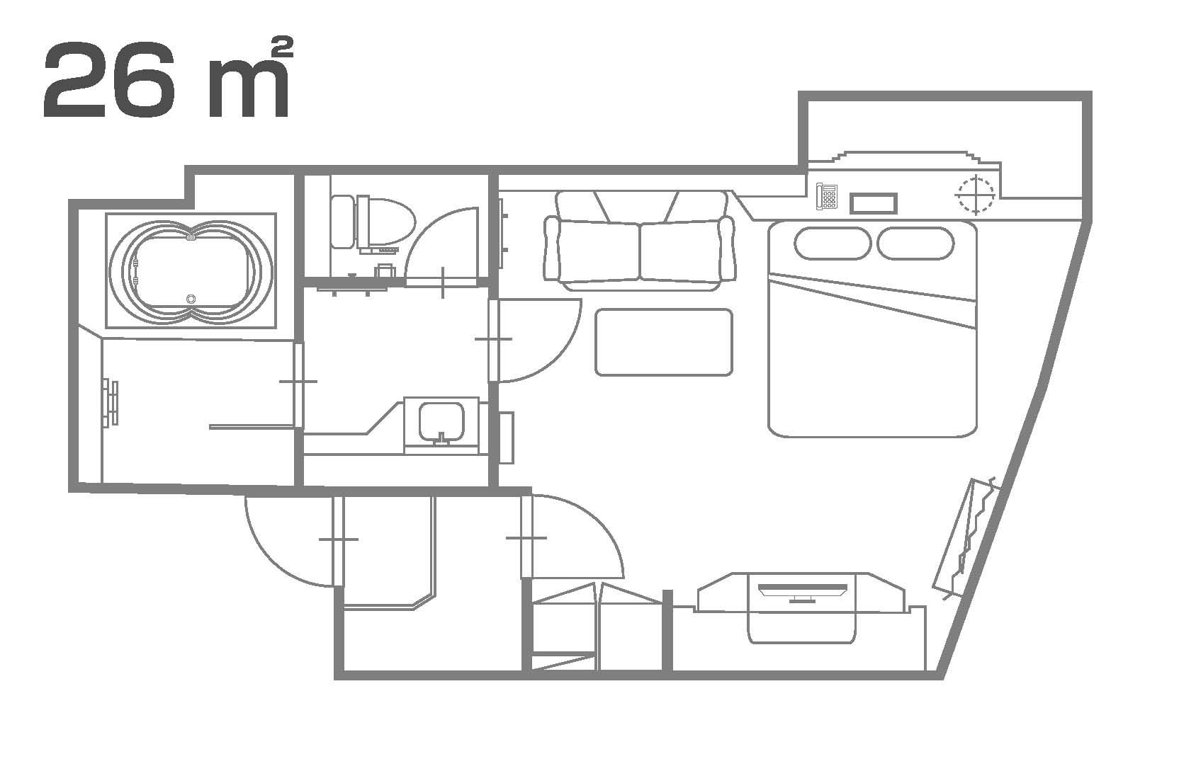 A floor plan of a 26 m² apartment with a kitchen, living area, two bedrooms, a bathroom, and a small balcony.