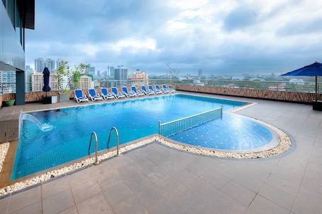 Outdoor pool, pool umbrellas, pool loungers