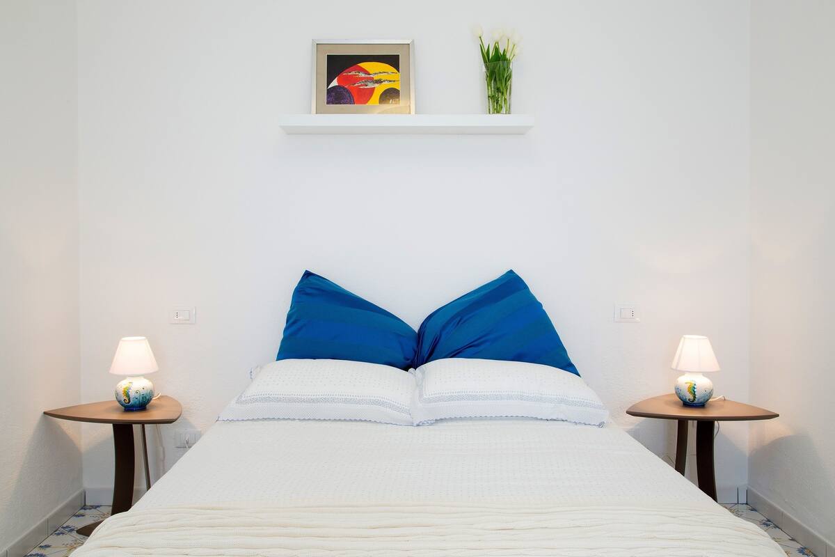A neatly made bed with blue and white pillows, two bedside tables with lamps, a framed picture above the bed, and a small plant on the wall.