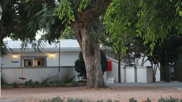 Una recepción con un gran árbol, un edificio de fachada blanca y un buzón rojo.