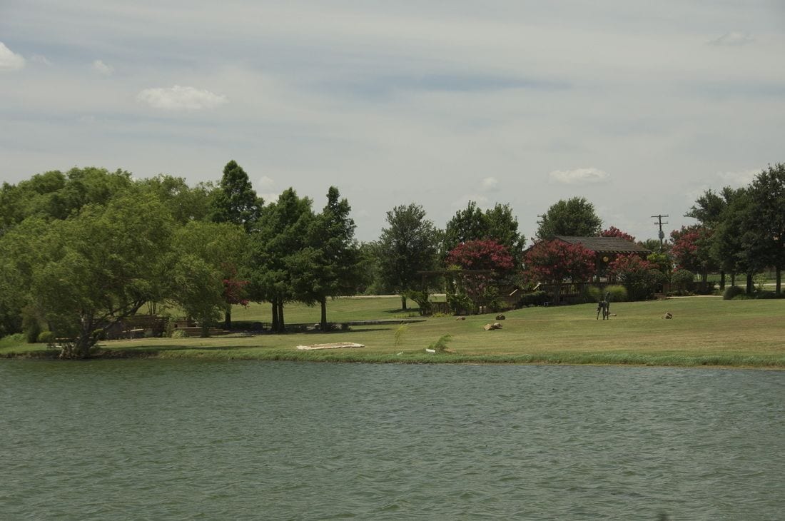 A lakeside view with trees, a grassy area, and a building in the background.